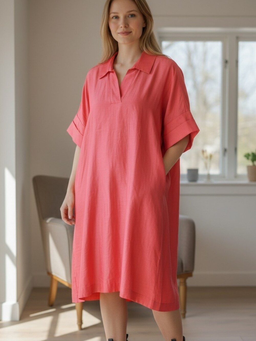 Ming Wang Coral-Red Short Sleeve Button Down Tunic